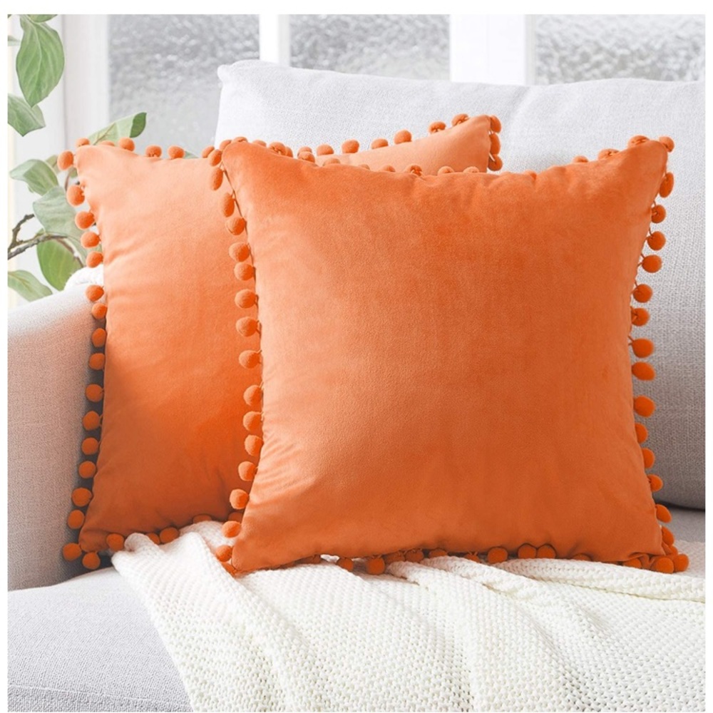Trendy Light Blue Modern Cute Velvet Pompom Throw Pillow Decorative Cover Set - Picture 14 of 16